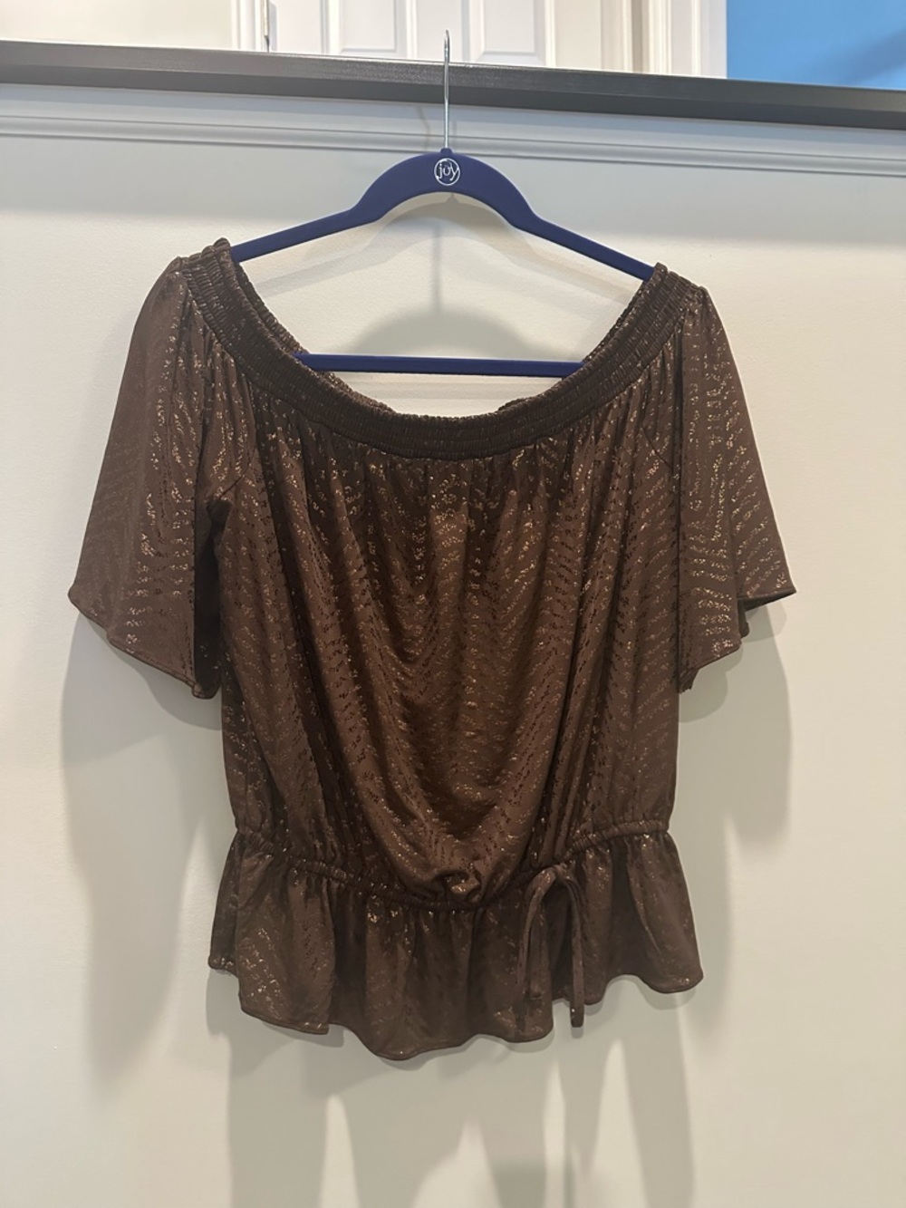 White House Black Market Chocolate Brown Off-Shoulder Ruffle Hem Top